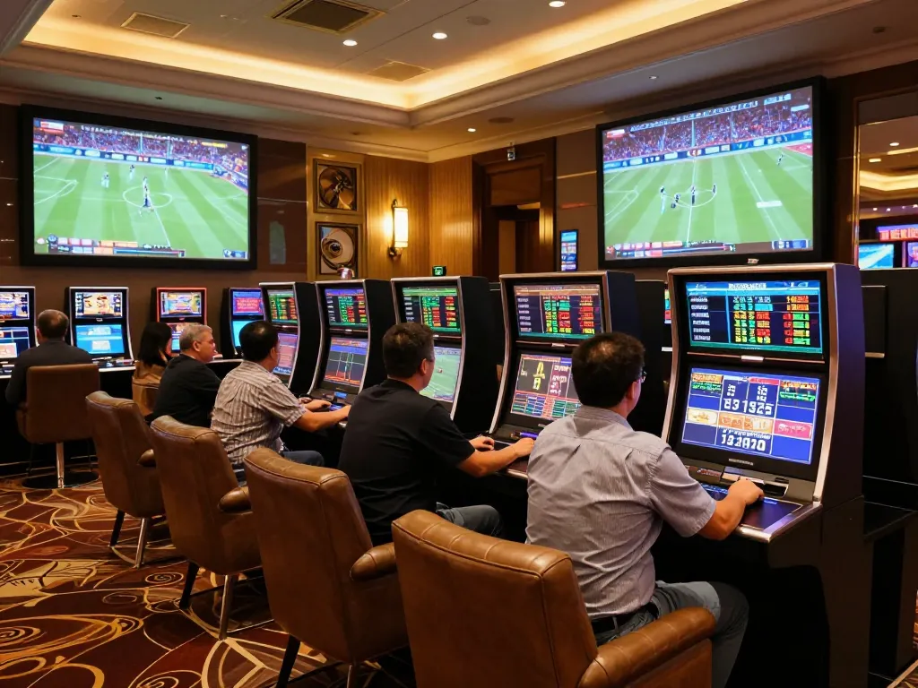 Experience thrilling sports betting action at sg777 with modern kiosks and live game displays.