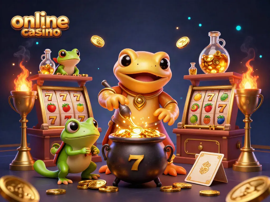 Engaging scene depicting an online casino with a golden salamander alchemist and magical casino elements
