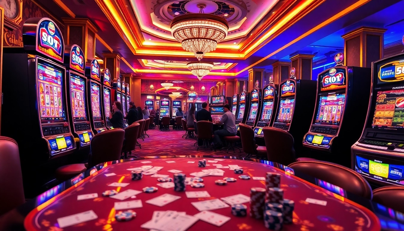 Gamblers playing at the slot apiraja88 machines in a luxurious casino environment.