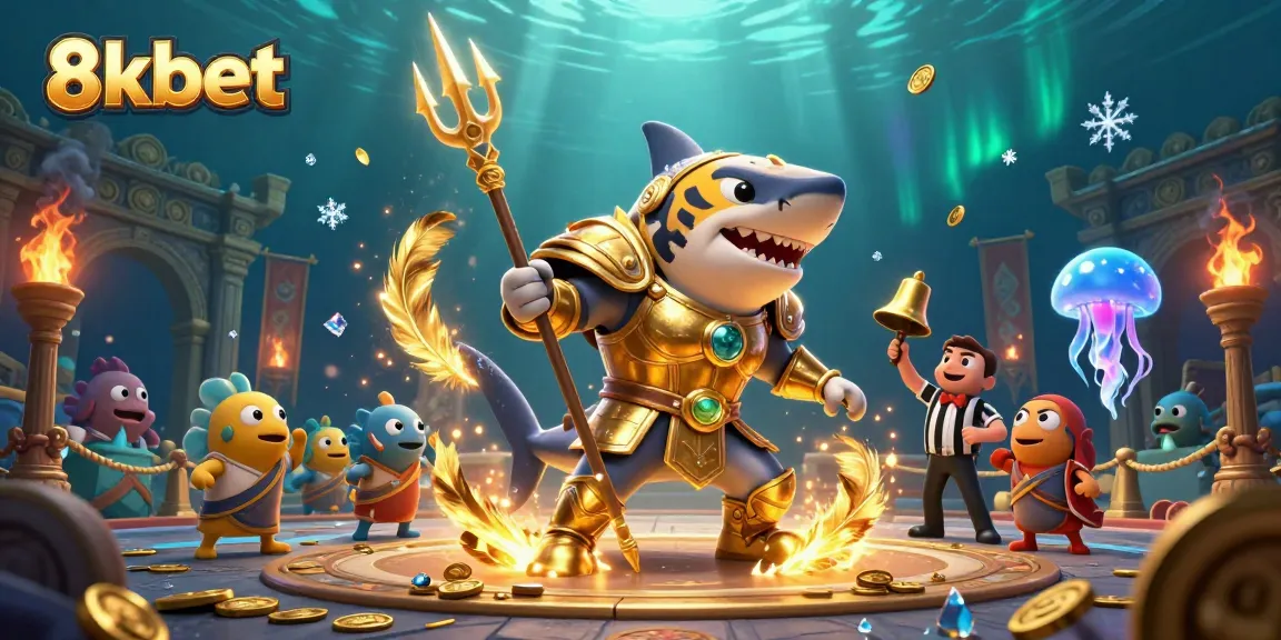 Engaging 8xbet 3D illustration of a tiger shark in gladiator armor in an underwater casino showdown.