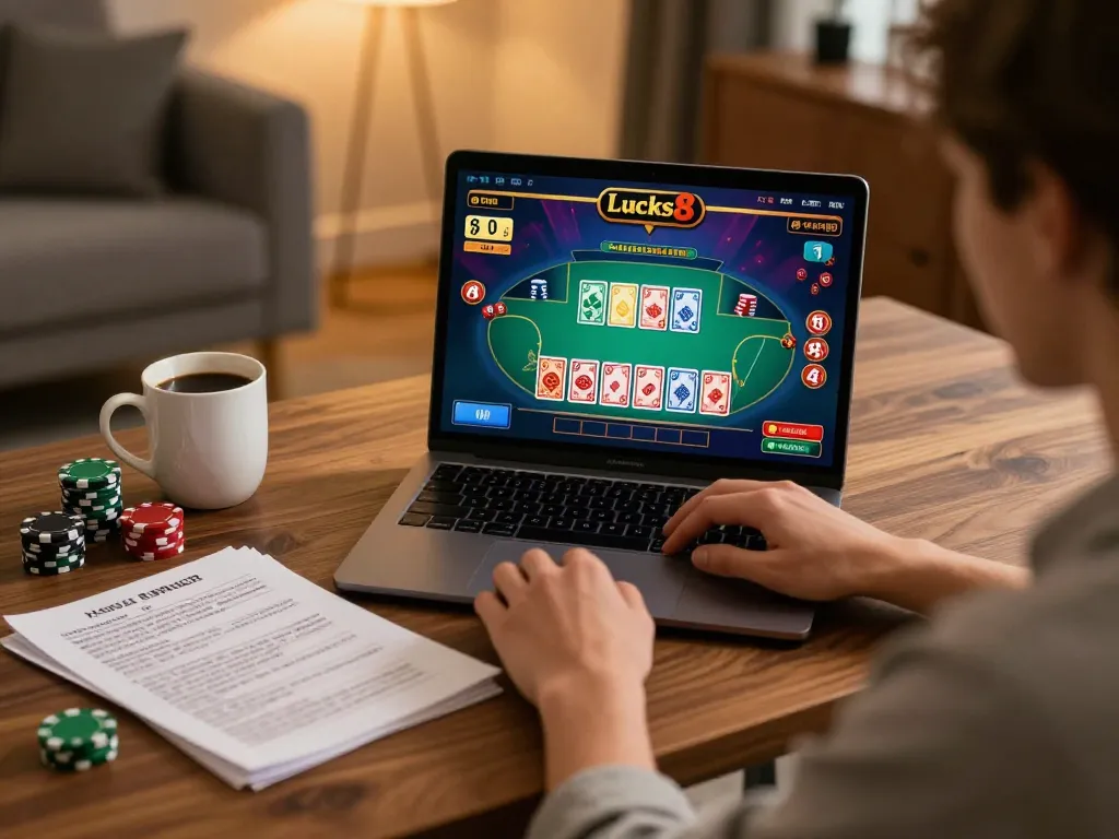 Người chơi tham gia poker trực tuyến tại lucks8, thể hiện giao diện trò chơi và ghi chú chiến lược.