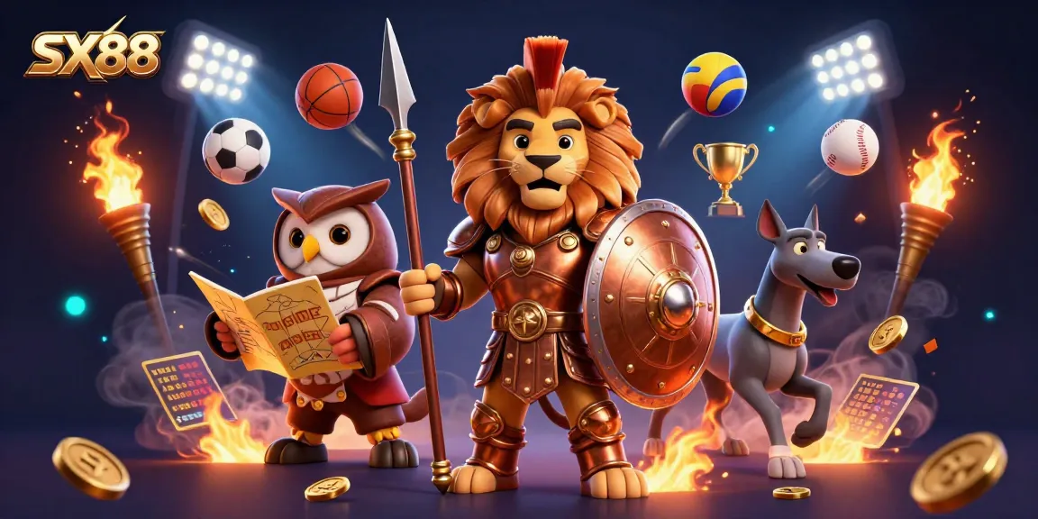 SX88 gaming scene featuring a Spartan lion, owl strategist, and greyhound messenger among vibrant sports elements.