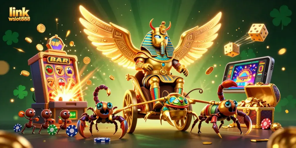 Memenangkan jackpot dengan link wslot888 di kasino online, menampilkan tindakan karakter dan simbol beruntung.
