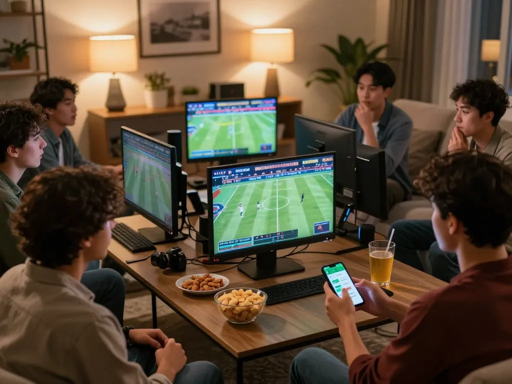 Engaging scene of friends using a sports betting app for togel sgp from home, creating a lively atmosphere.