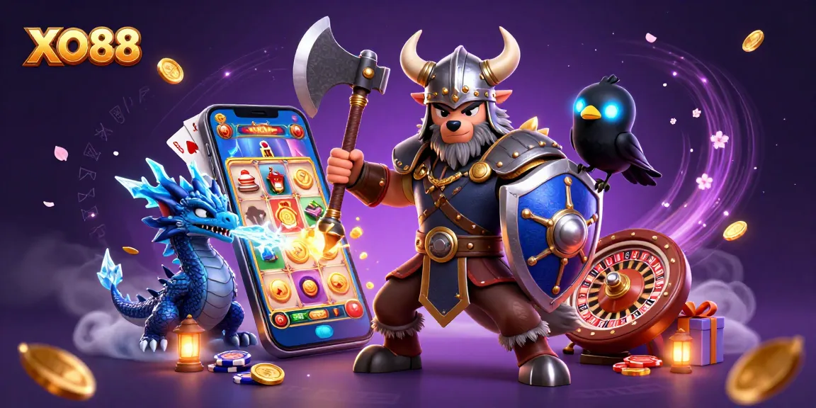 Experience thrilling gameplay at XO88 with cartoon warriors and dynamic casino elements.