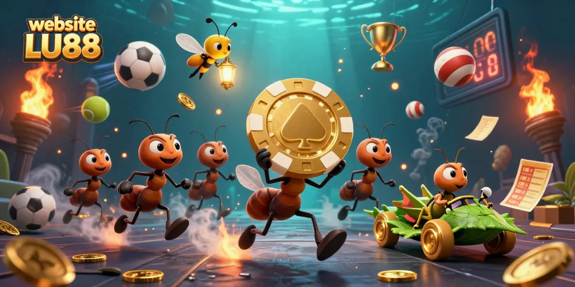 Experience thrilling action at website LU88 with playful cartoon ants carrying a giant poker chip.