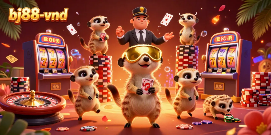 Engage with bj88-vnd’s vibrant casino scene featuring meerkats managing gaming elements and slot machines.