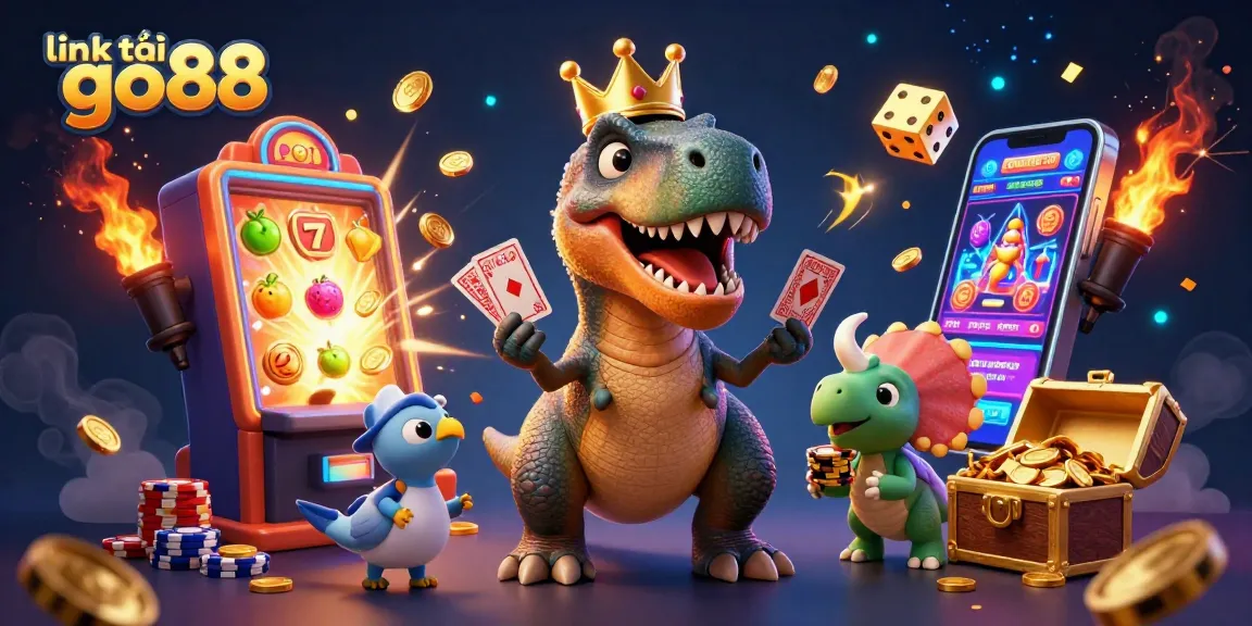 Engage with link tải go88 as a T-Rex and friends shuffle cards and stack chips amid a vibrant casino scene.