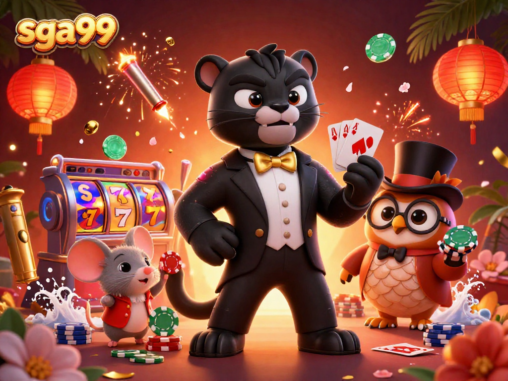 Experience the excitement of sga99 as a cartoon panther deals cards amidst dynamic casino elements.