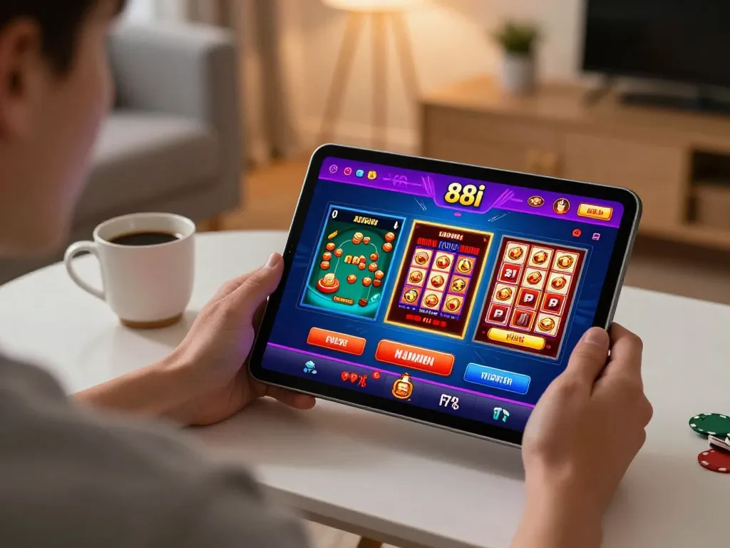 Engaging with 88i online casino games on a tablet in a cozy home setting