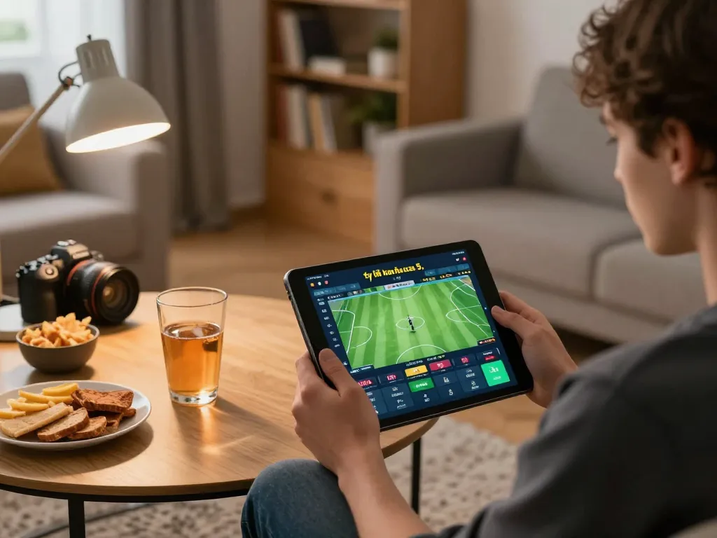 Tỷ lệ kèo nhà cái 5 displayed on tablet screen illustrating online sports betting action in a cozy home setup.
