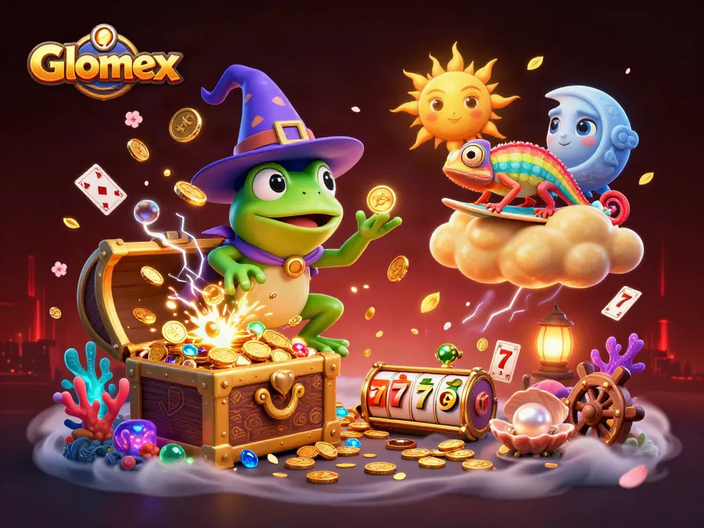 Glomex charms players with dynamic casino scene of a wizard frog and chameleon amidst golden coins.