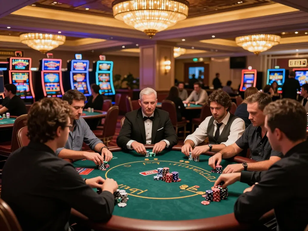 Engaging poker action at energileisureparks with players competing fiercely, chips and cards prominently displayed.