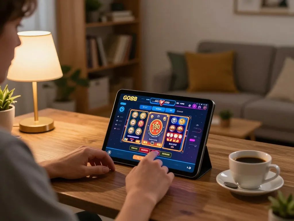 Engaging with GO88 live dealer games in a cozy home gaming setup, capturing strategic moments.