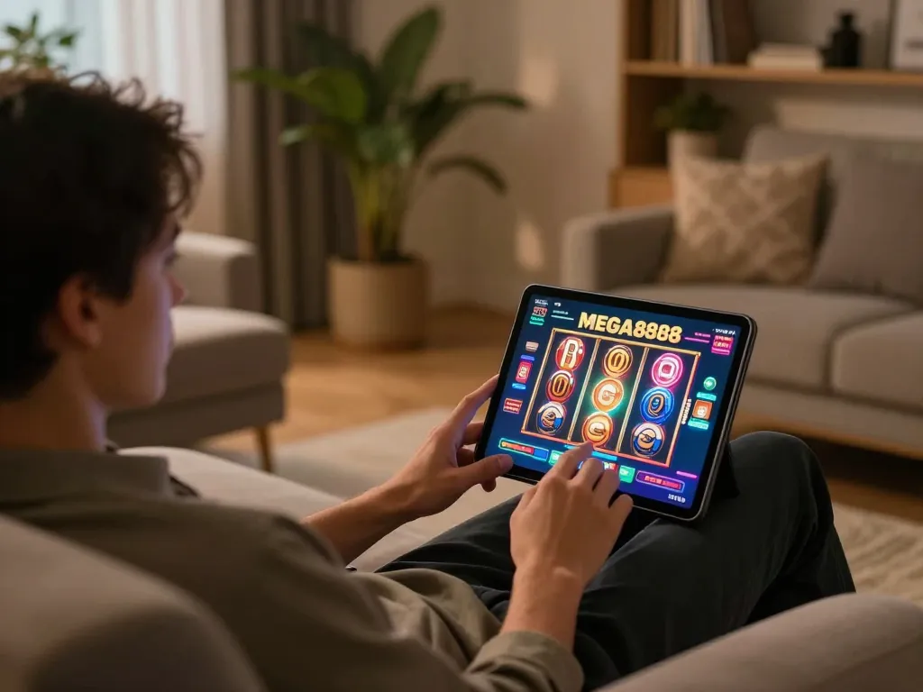 Engaging in exciting MEGA888 gameplay on a tablet in a modern home setting
