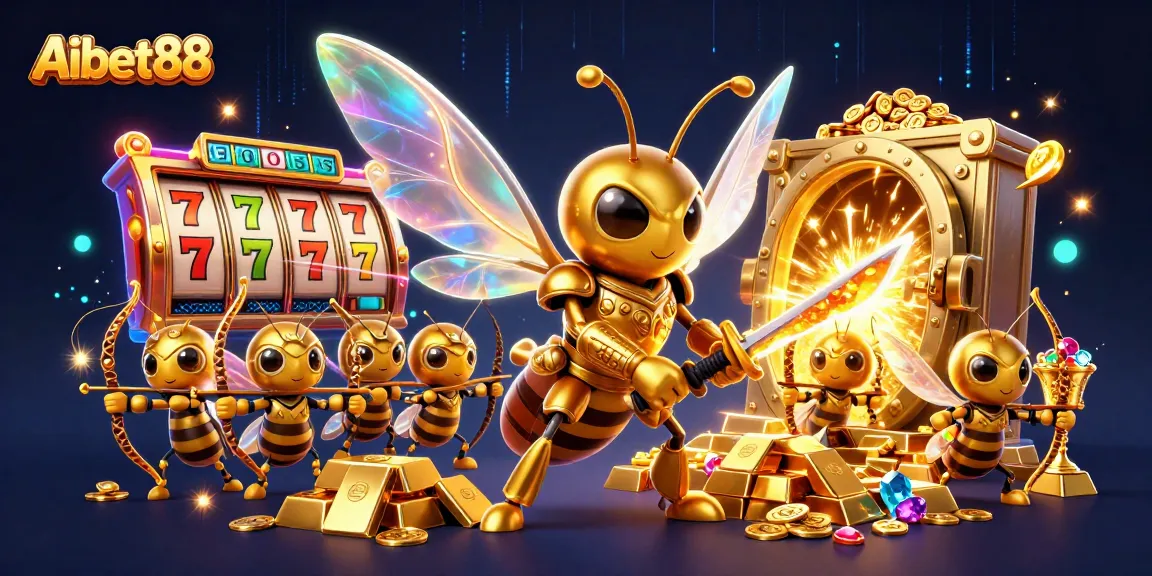 Aibet88 navigates thrilling jackpot slots with a golden hornet warrior and magical treasures.