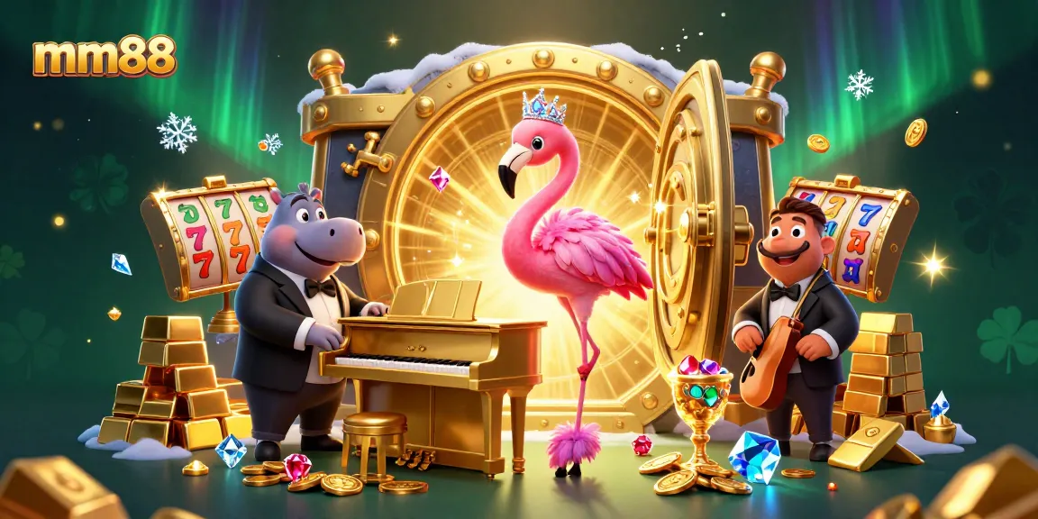 Experience thrilling wins with mm88 at this vibrant casino-themed illustration featuring fantastic characters and dynamic game elements.