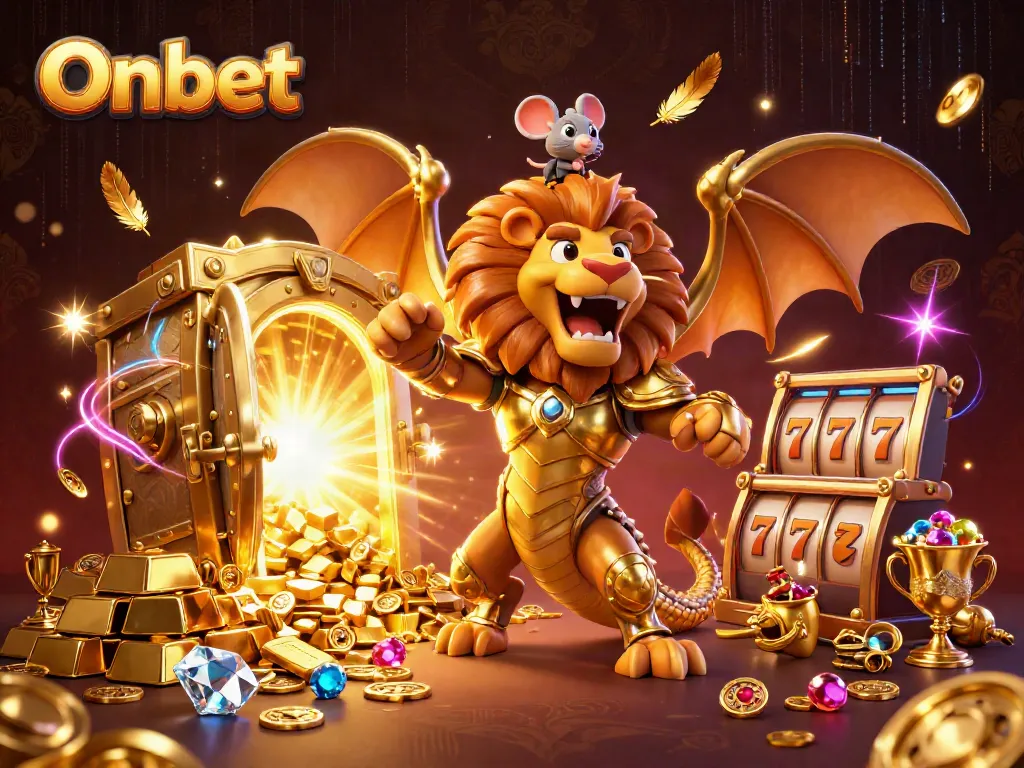 Engage in thrilling gaming with Onbet's vibrant casino illustration showcasing golden treasures and energetic game elements.