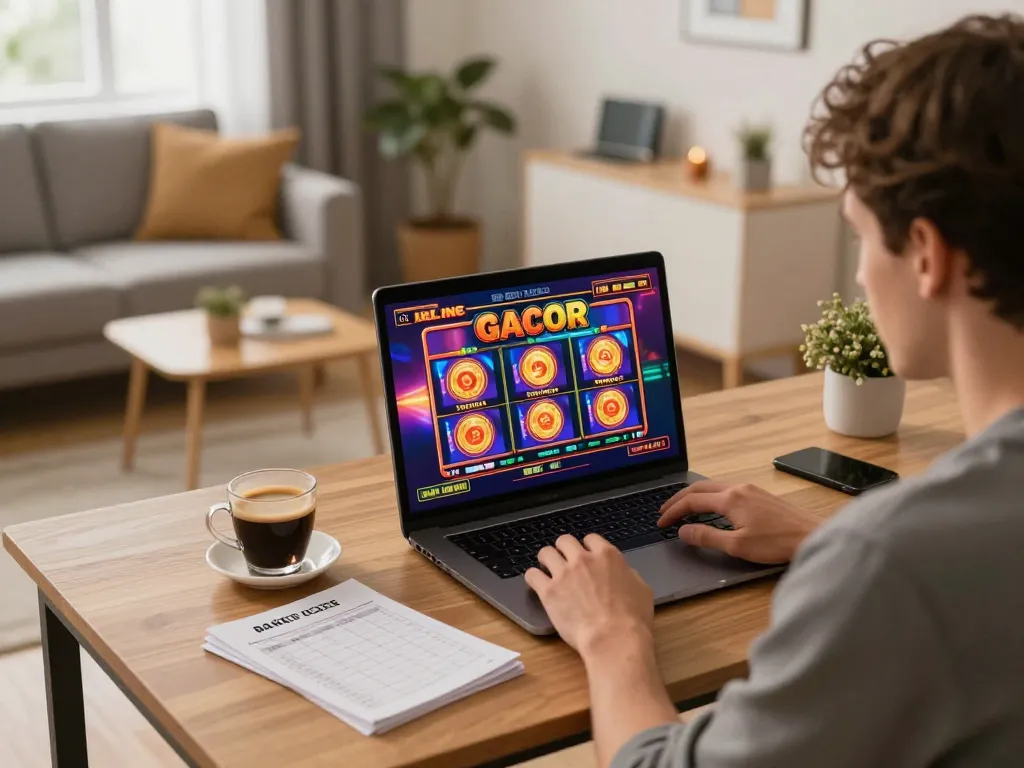 Player exploring slot gacor hari ini on laptop in a cozy home setup, emphasizing strategic online gaming.