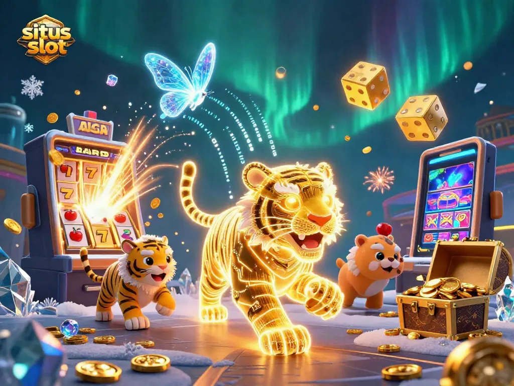 Mengamati situs slot dengan karakter harimau, jackpot koin, dan efek cahaya menyala.