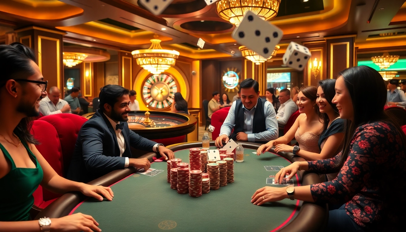 Gambling excitement at https://rikvip11.xyz/ with players enjoying poker and roulette.