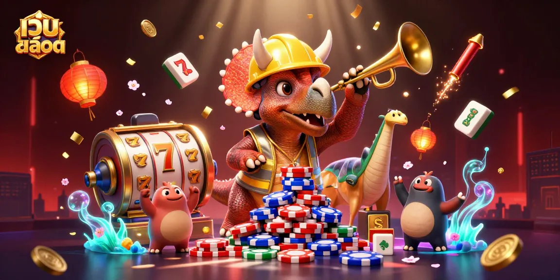Spin the reels at เว็บสล็อต with the dynamic triceratops and celebration elements in a rich casino scene.
