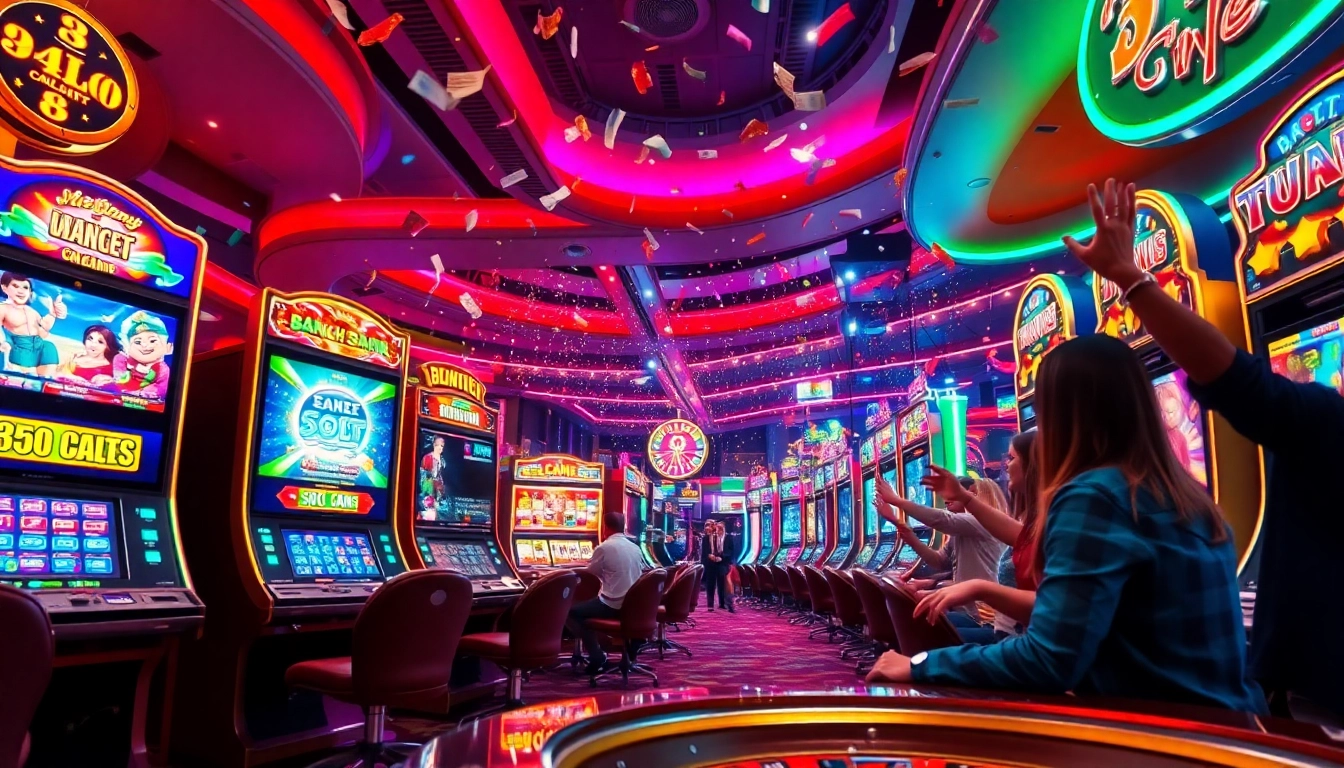 Excited gamblers celebrating a win at QQMacan slot machines in a luxurious casino setting.