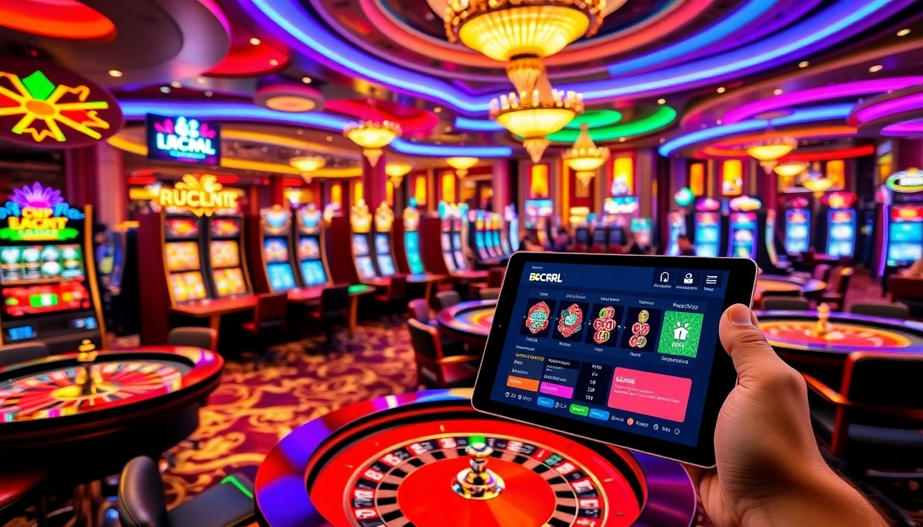 Escena emocionante del casino BCBRL con jugadores en máquinas tragamonedas y juegos de mesa.