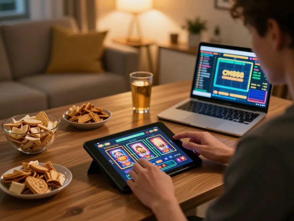 Engaging in cm888 online slots gaming at home with snacks and focused players.
