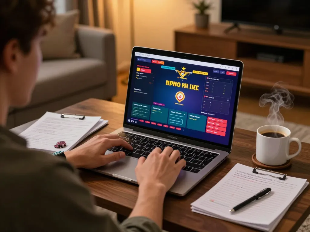 Sunwin online poker gaming strategy session at home, with user focused on laptop