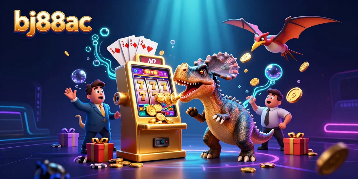 BJ88AC jackpots burst from a vibrant slot machine as dynamic dinosaurs engage in casino excitement.
