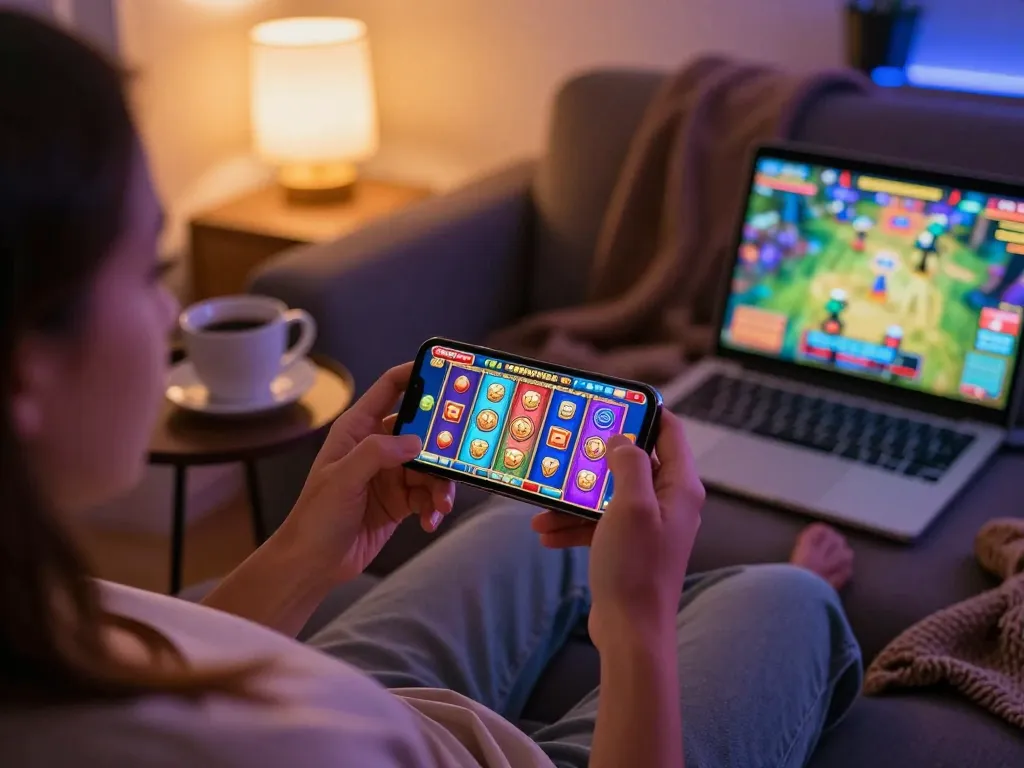 Engaging with mega slot games on a smartphone, illustrating modern online gameplay in a cozy home setting