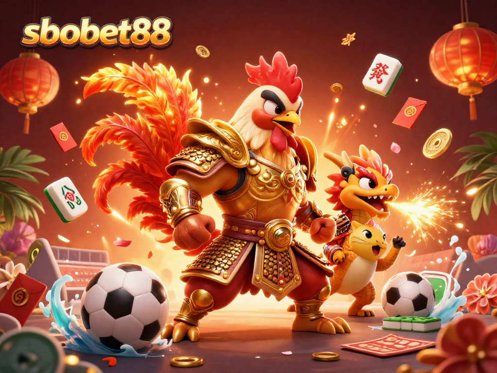 Bet on sbobet88 with an exciting sports betting scene featuring a cartoon rooster warrior and dragon.