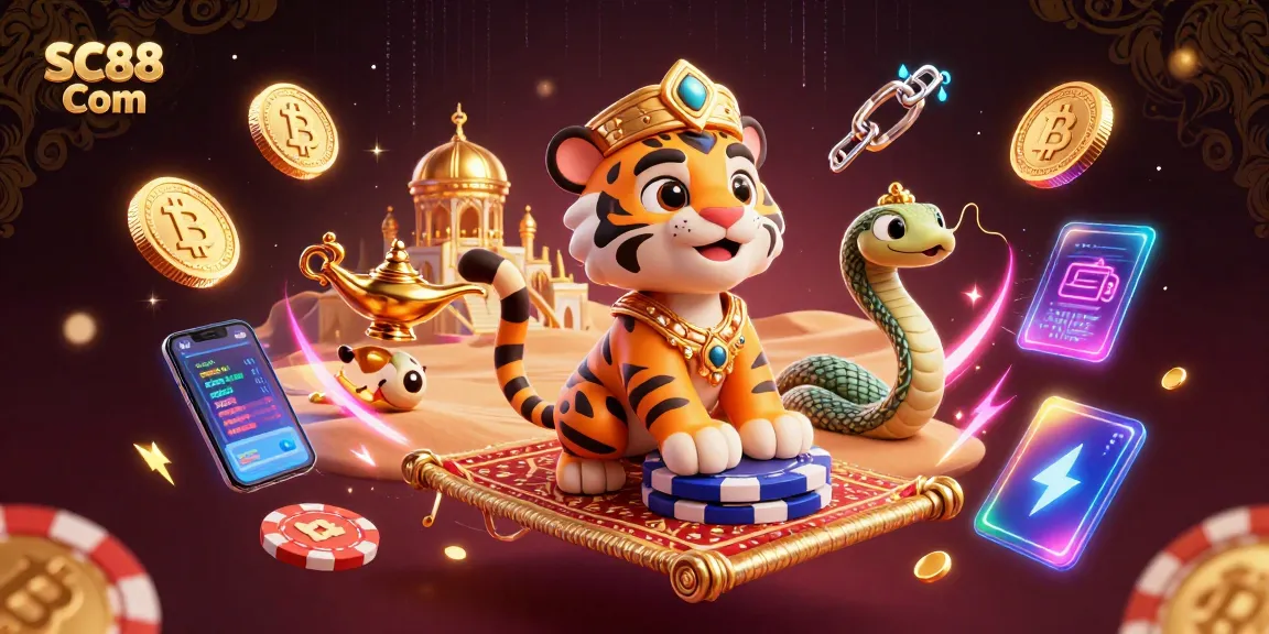 Win big with SC88 Com while encountering a 3D cartoon sultan and futuristic crypto elements in a lavish scene.