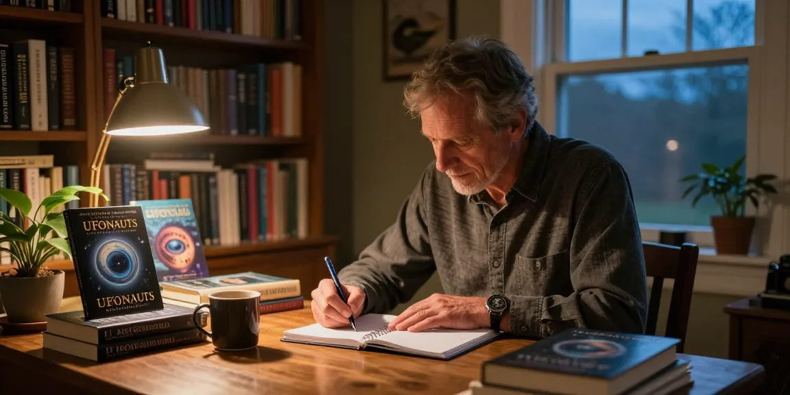 T Allen Greenfield writing in a cozy library setting with books about spirituality and UFOs at https://tallengreenfield.com.