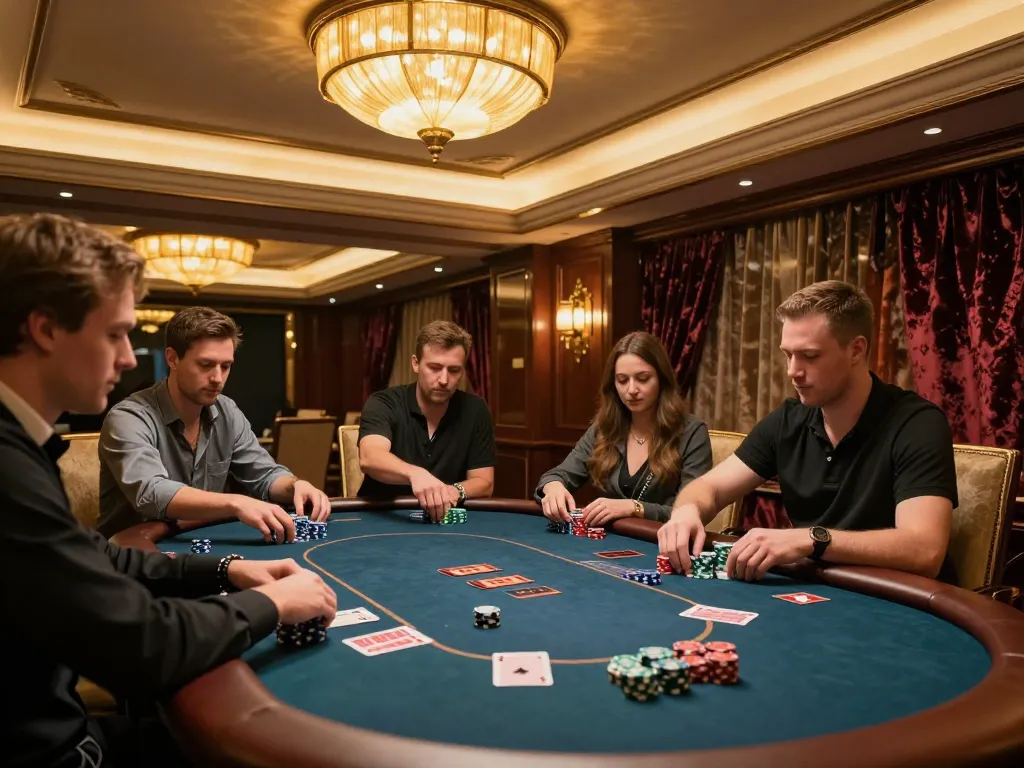 hitclub exclusive poker game with players in luxury decor, illuminated by ambient lighting