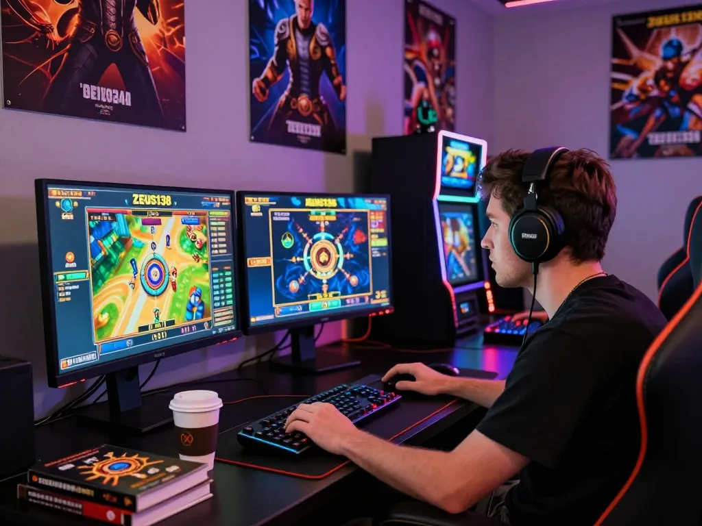 Intense gaming experience on Zeus138 with a player focusing on vibrant slot games, dual monitors, and engaging atmosphere.