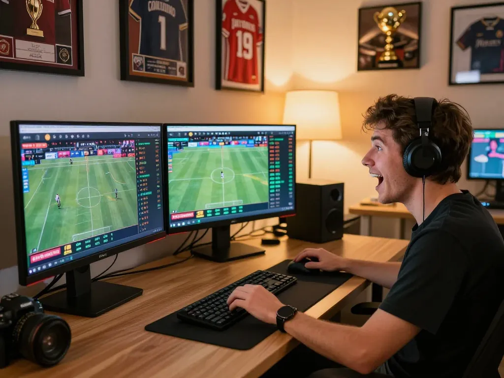 Person strategizing sports bets with 8xbet app on multiple screens, engaged and focused on winning