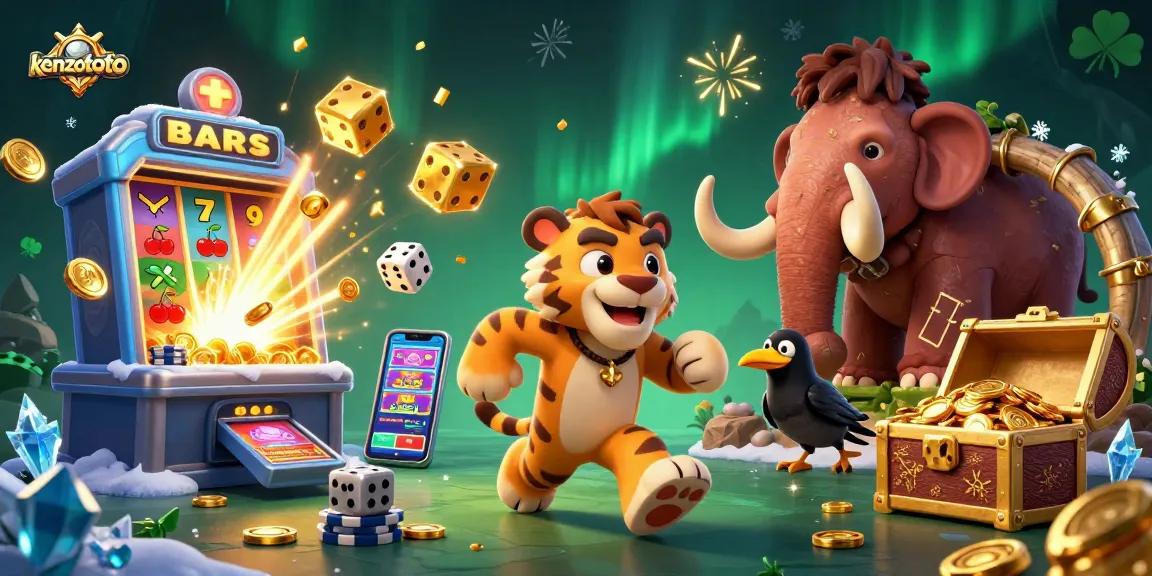 Experience high-stakes gaming thrills with kenzototo's slot options in a vibrant 3D casino scene.