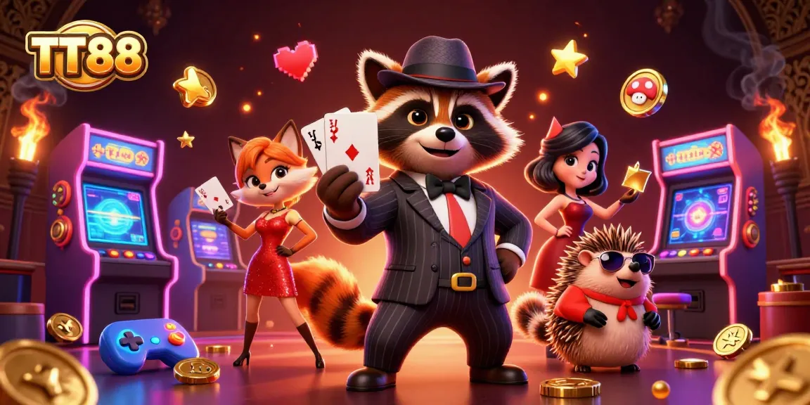 Experience the excitement of TT88 with a charming raccoon and fox, creating a vibrant casino atmosphere.