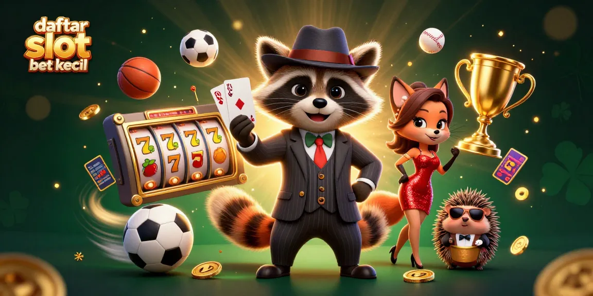 Spin and win at daftar slot bet kecil with raccoon and fox in a vibrant casino-themed scene.