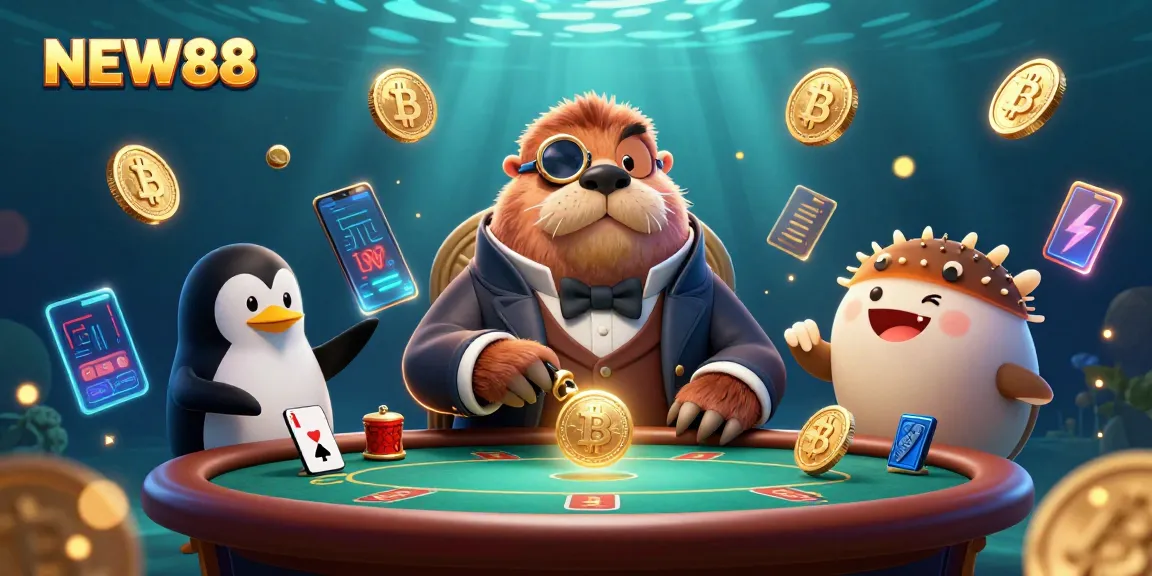 Play poker at NEW88 with a friendly walrus and a penguin dealer, amidst vibrant underwater elements.