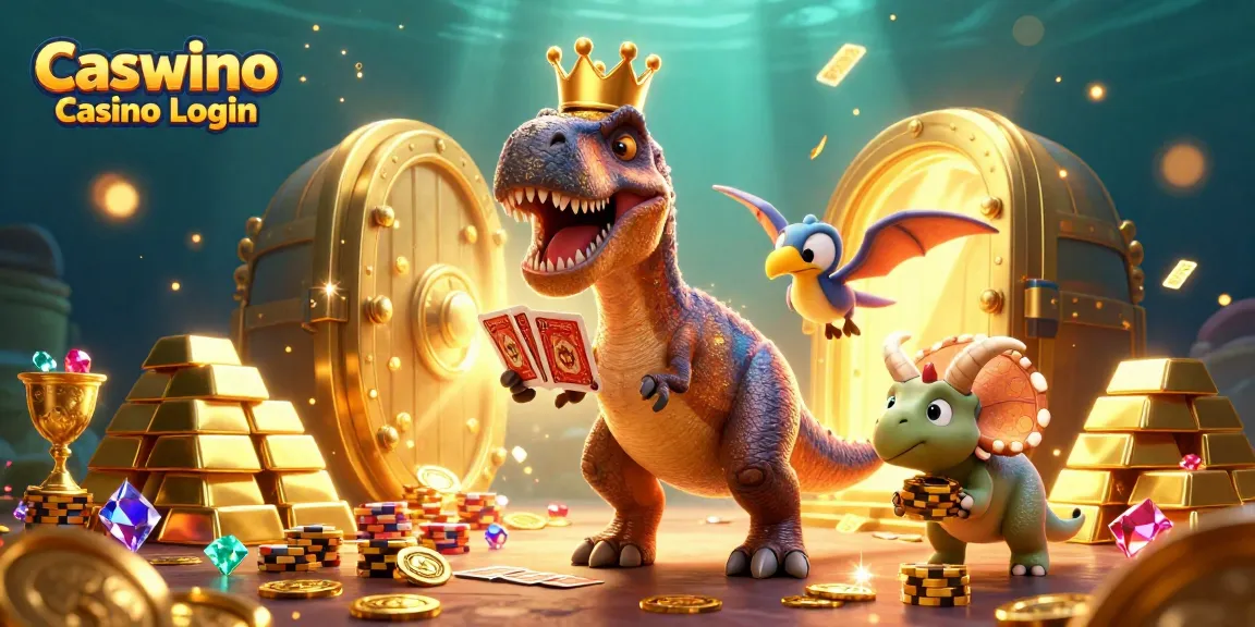 Engage with Caswino Casino Login featuring a playful T-Rex and friends amidst treasures.