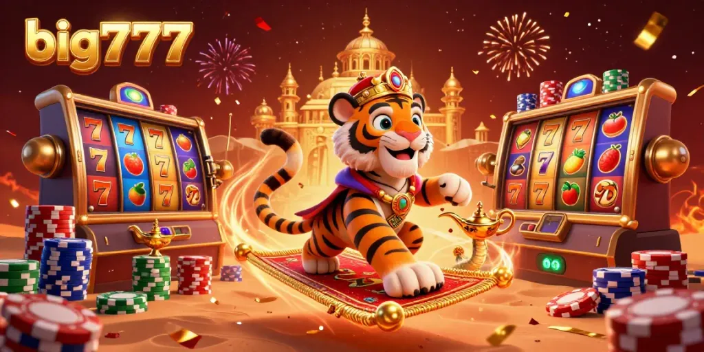 Spin the reels of big777 with our cartoon-themed Arabian sultan and magical elements in a vibrant casino setting.