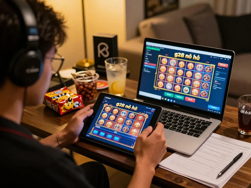 Engaging in g28 nổ hũ on a tablet in a cozy home gaming setup, showcasing responsible gambling.