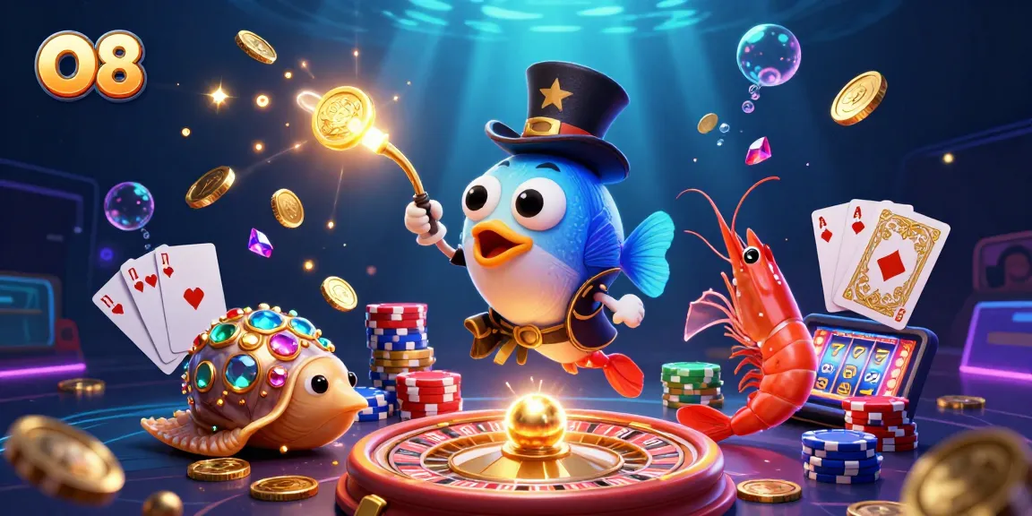 Experience the thrill of O8 with glowing coins and gem treasures in this vibrant casino illustration.
