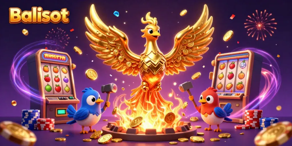 Engage in thrilling Balislot adventures with a dynamic scene of a molten phoenix and vibrant casino elements.