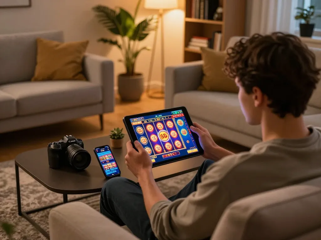 king33 player enjoying slot games on modern tablet in cozy home setting