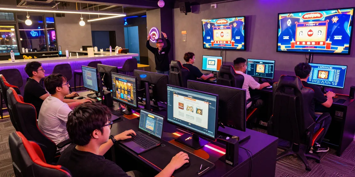 Players enjoying situs slot online games in a vibrant gaming lounge atmosphere