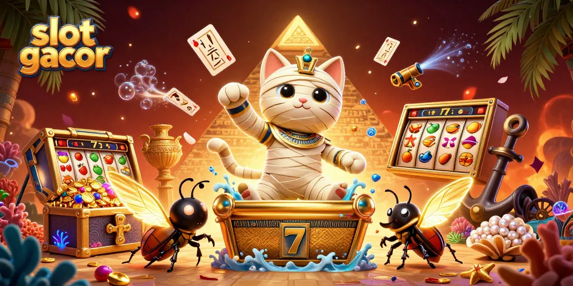 Slot gacor menghadirkan ilustrasi 3D dari kucing mumi keluar dari sarkofagus di kasino piramida.